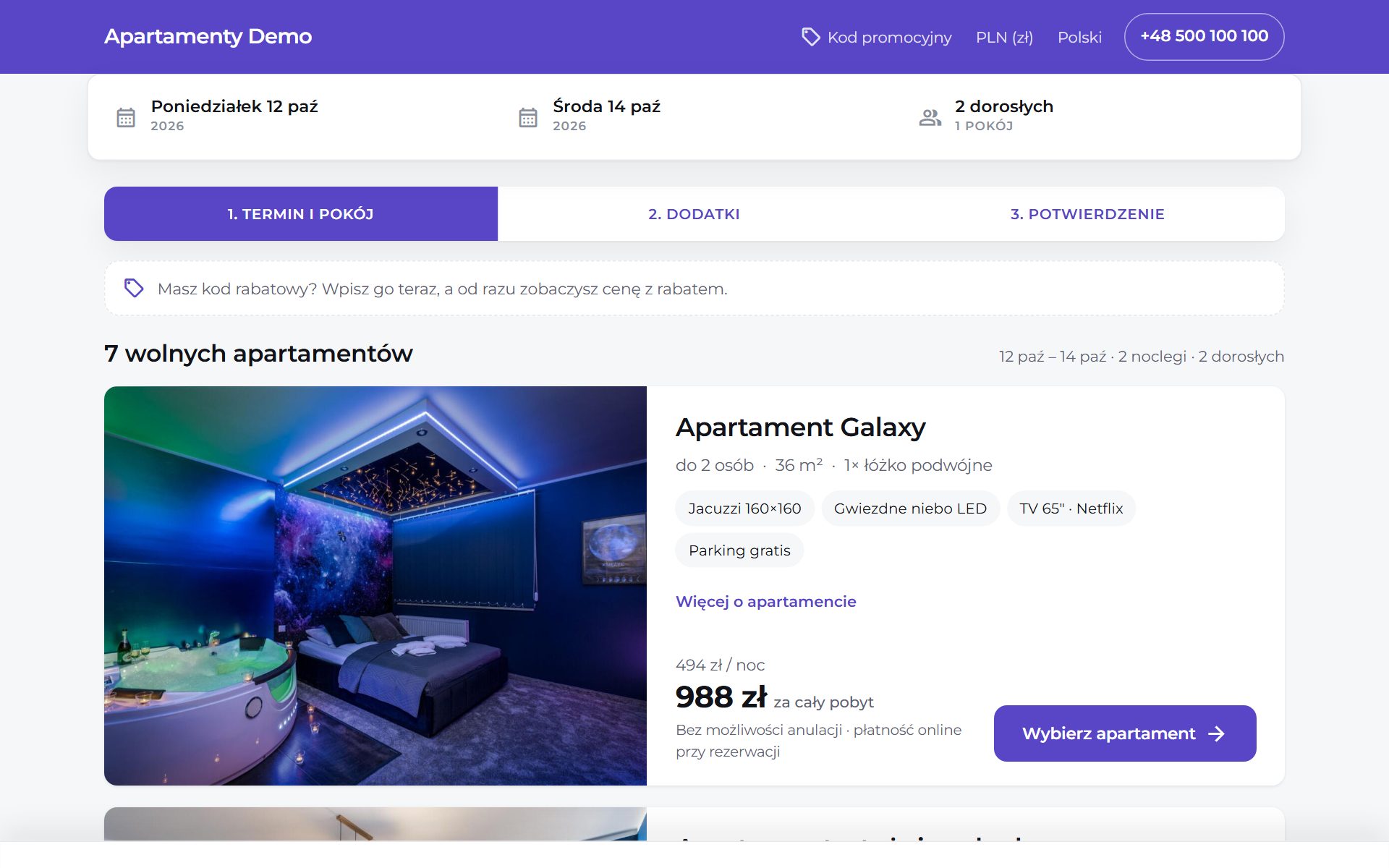 Krok 2: gość wybiera apartament ze zdjęciami i ceną za cały pobyt Krok 2: gość wybiera apartament ze zdjęciami i ceną za cały pobyt