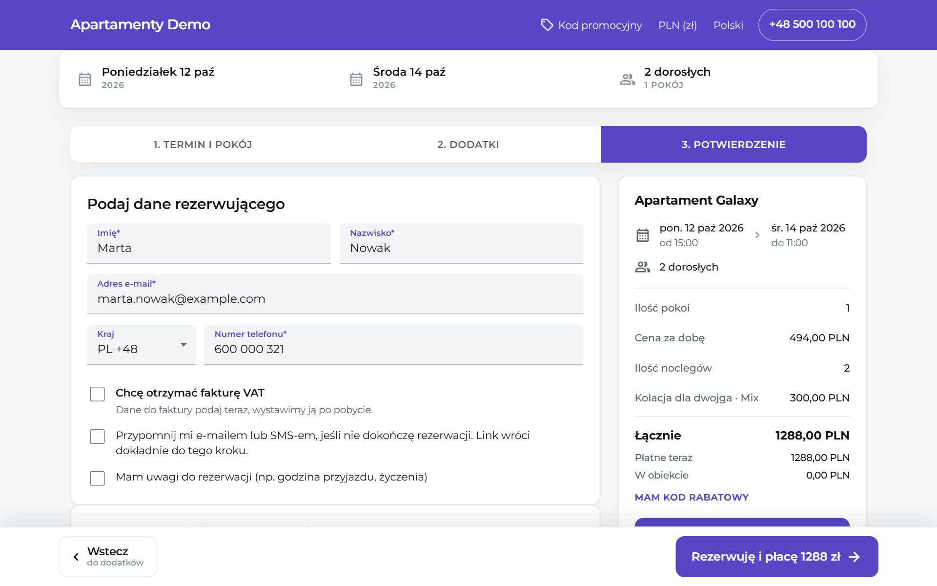 Krok 4: gość podaje dane i płaci online za rezerwację Krok 4: gość podaje dane i płaci online za rezerwację
