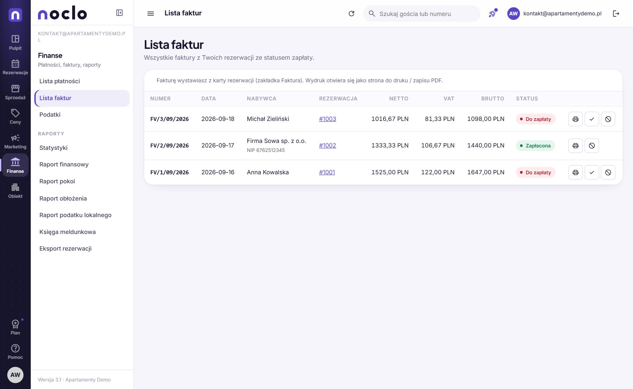 Lista faktur w panelu Noclo Lista faktur w panelu Noclo