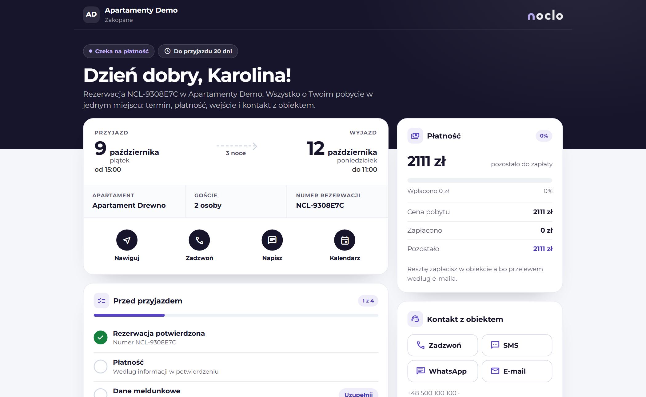 Portal gościa Noclo: termin, płatność, lista przed przyjazdem i kontakt