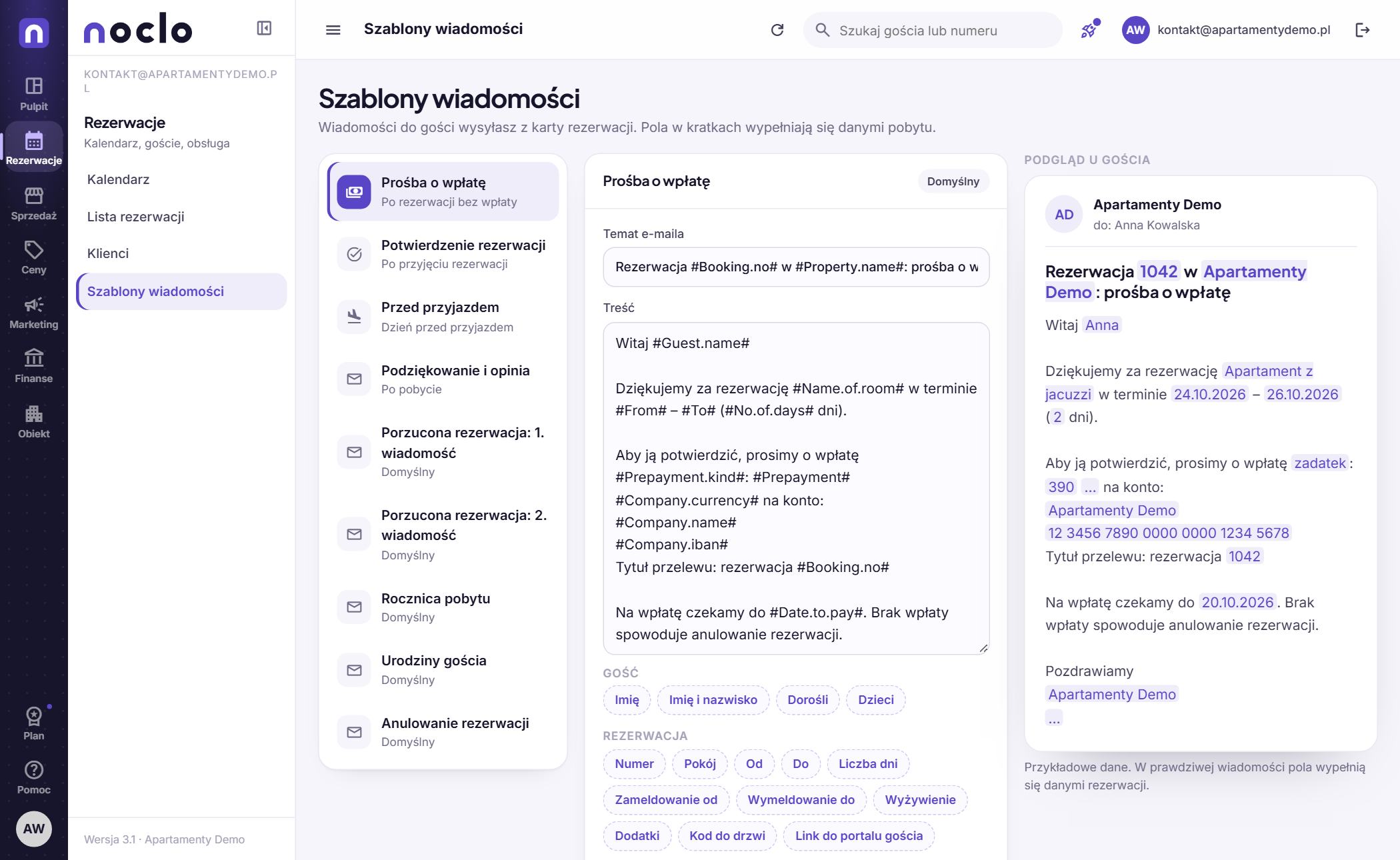 Szablony wiadomości do gości w panelu Noclo
