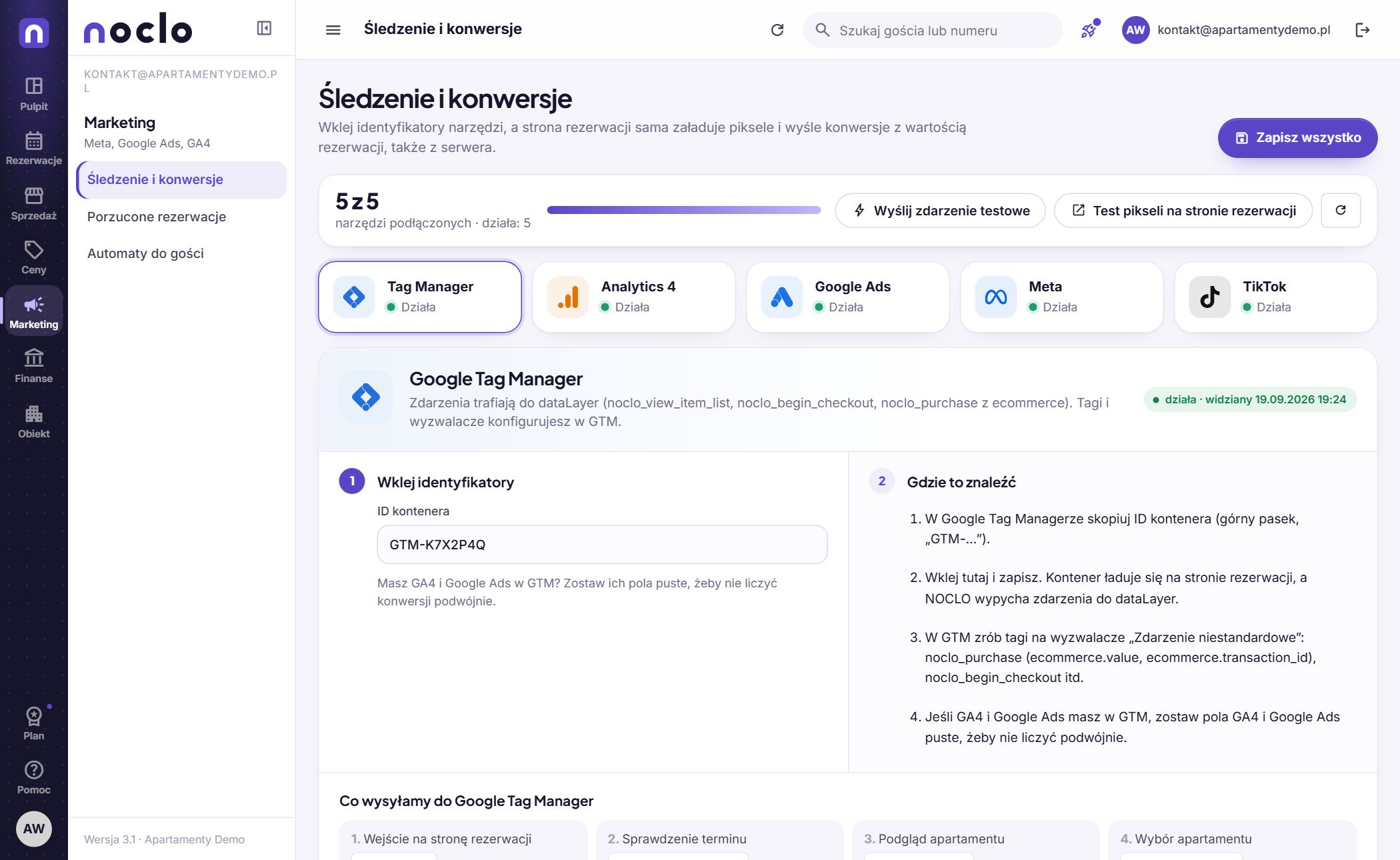 Status Meta i pozostałych integracji w panelu Noclo