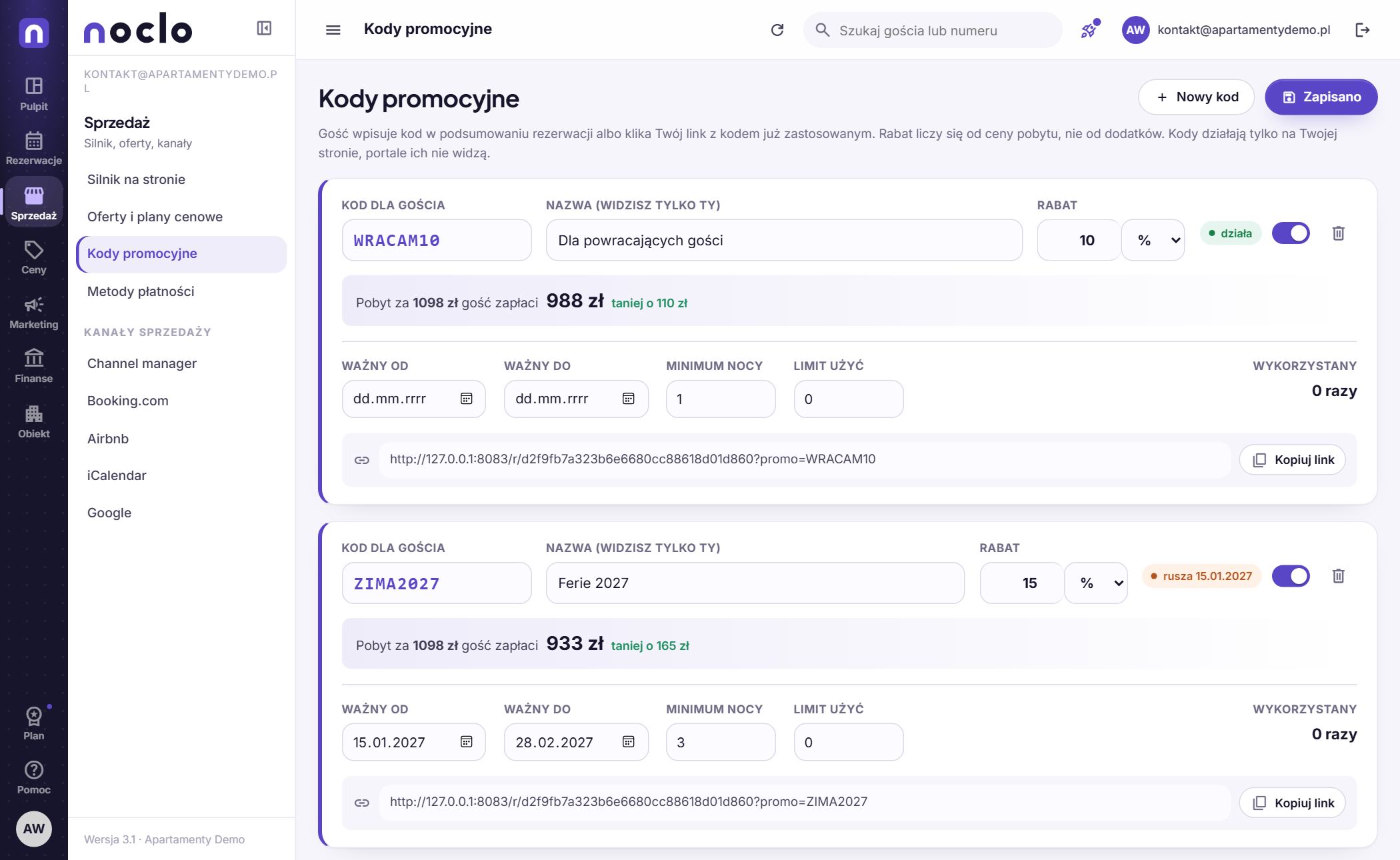 Kody promocyjne w panelu Noclo